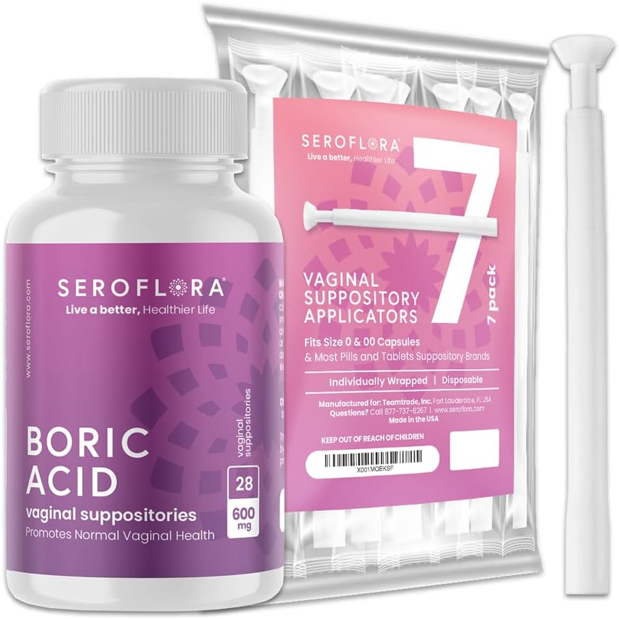 Seroflora Boric Acid Vaginal Suppositorier til kvinder med supposite applikatorer - Boric Acid Pills Support Vaginal Odor Control - 28 Suppositorier 7 Applikatorer