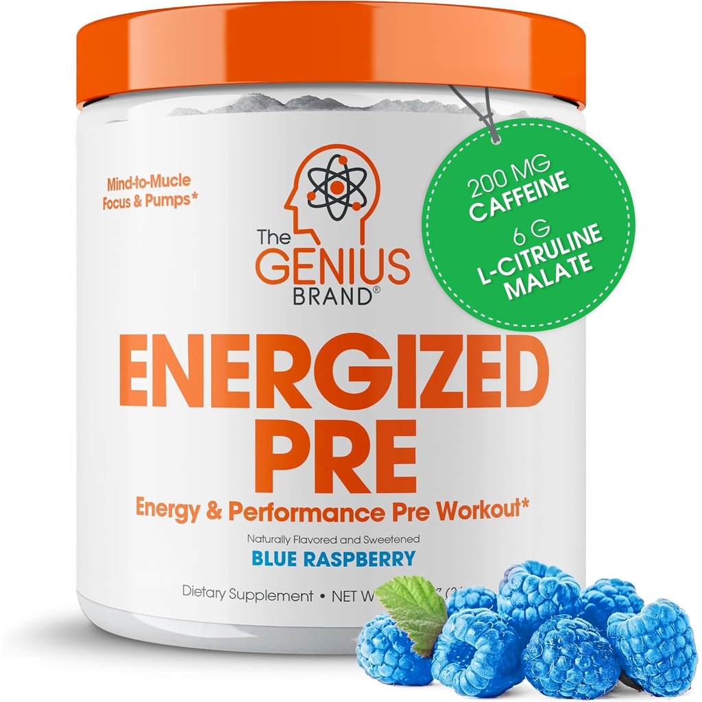 Genius energized Pre Workout Powder - Koffein Infunded Pre- Workout Booster tillæg med Beta Alanine & Alpha GPC, Ingen kunstige sødestoffer eller Farvestoffer - 200mg Koffein, 20 Servering, Blå Hindbær