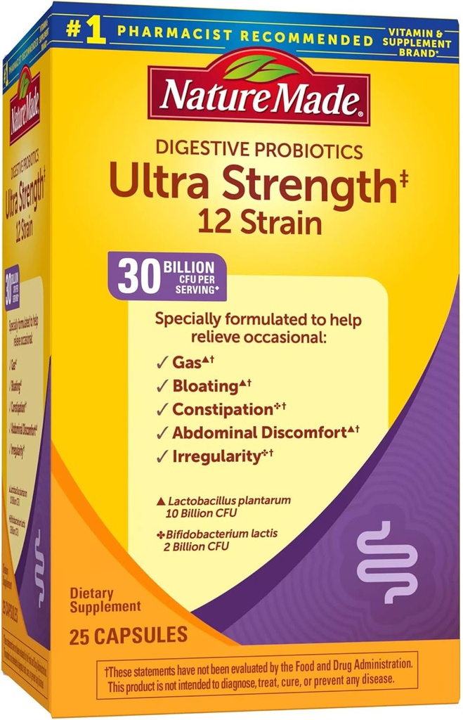 Nature Lavet Ultra Strength 12 Strain fordøjelsesprobiotika, Probiotika til kvinder og mænd, 25 Probiotiske kapsler, 25 dages forsyning