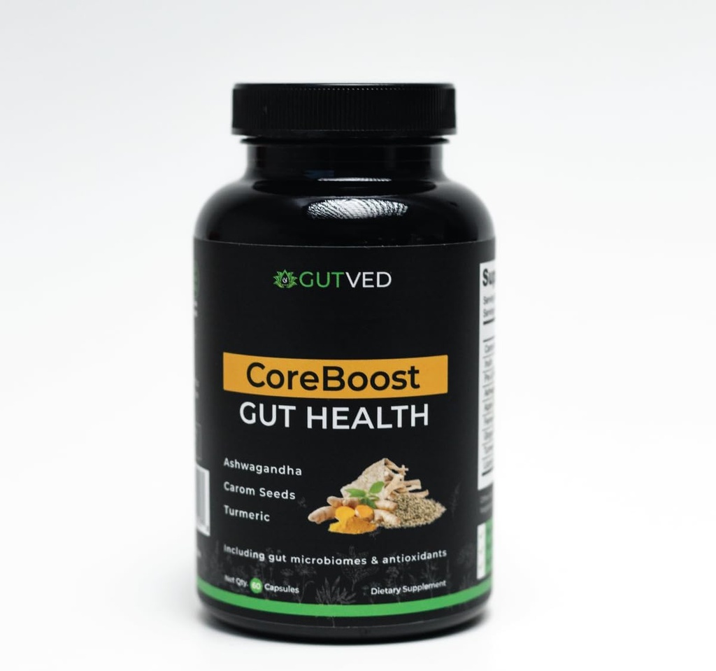 Gut Health Supplement Coreboost med Ashwagandha, Carom Frø, Gurkemeje - Prebiotika og Probiotika til kvinder & mænd - 2 milliarder CFU-bedste til fordøjelsessundhed, Bloating Relief, gasreduktion