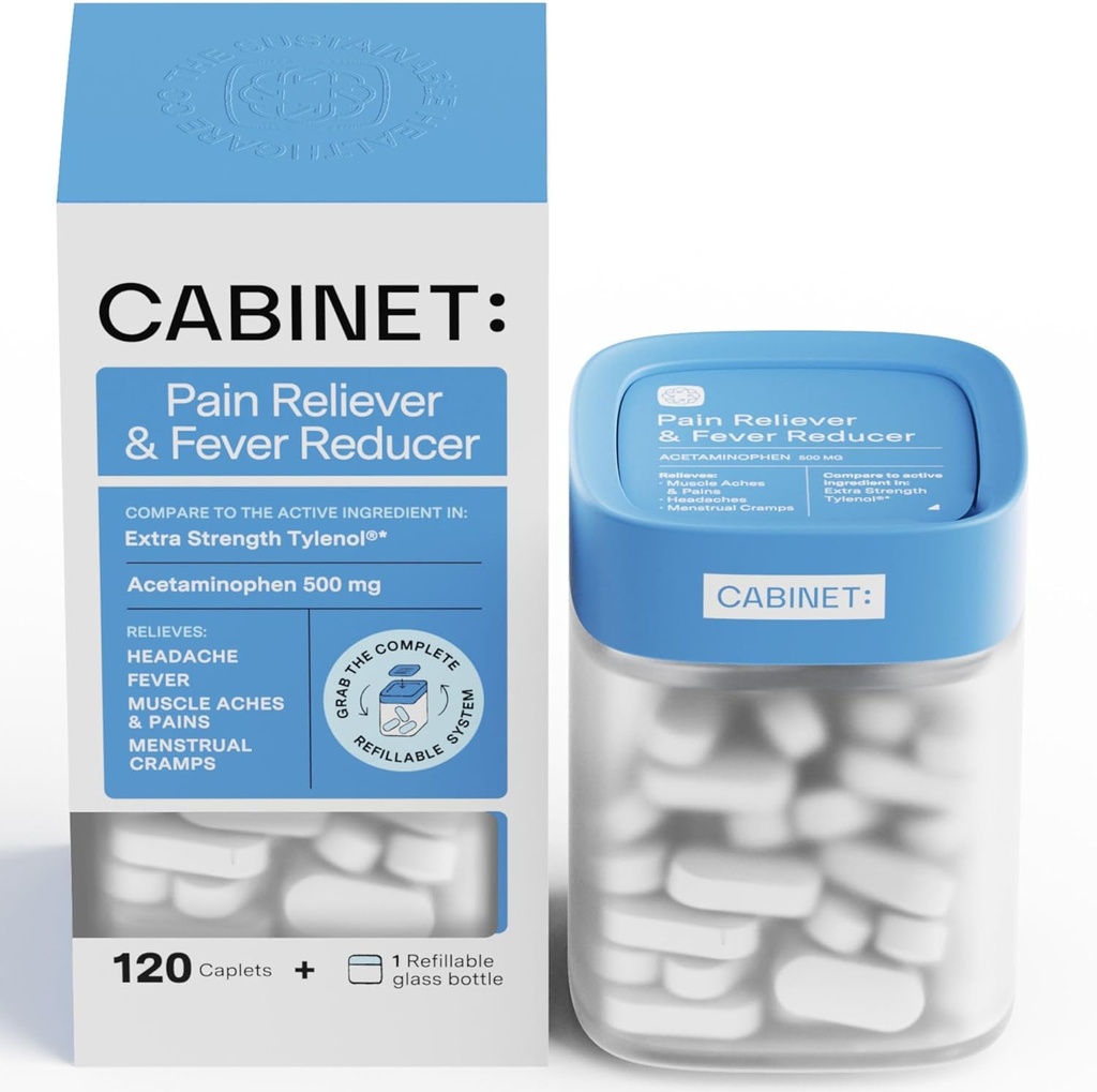 Kabinet: 500mg Acetaminophen for hovedpine Relief, Tandpine, Sore Throat, og Fever Reducer, Inkluderer 1 Refillable Medicine Jar, 120 tabletter (Start Kit)