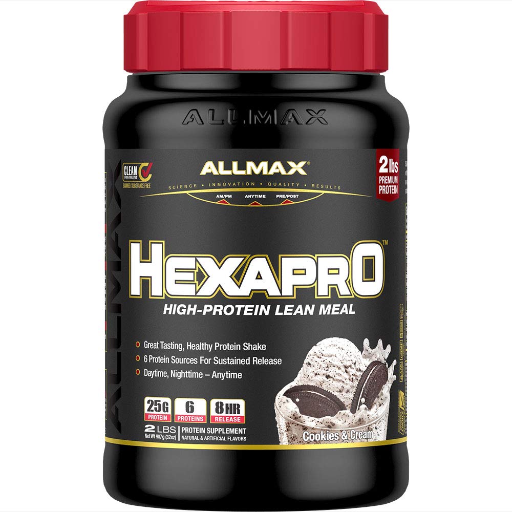 ALLMAX HEXAPRO, Cookies & Cream - 2 LB - 25 gram protein per servering - 8-timers Vedvarende udgivelse - Zero Sugar - 21 Servere