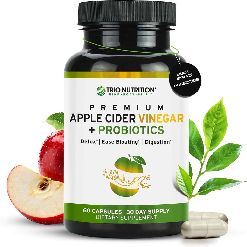 TRIO NETRITION Apple Cider Vineddike kapsler med Multi- Strain Probiotika - Natural Sugar Free ACV kapsler med moderen til Gut Sundhed, Immunitet, Kropslæde og sund pH - Metabolisme Booster *