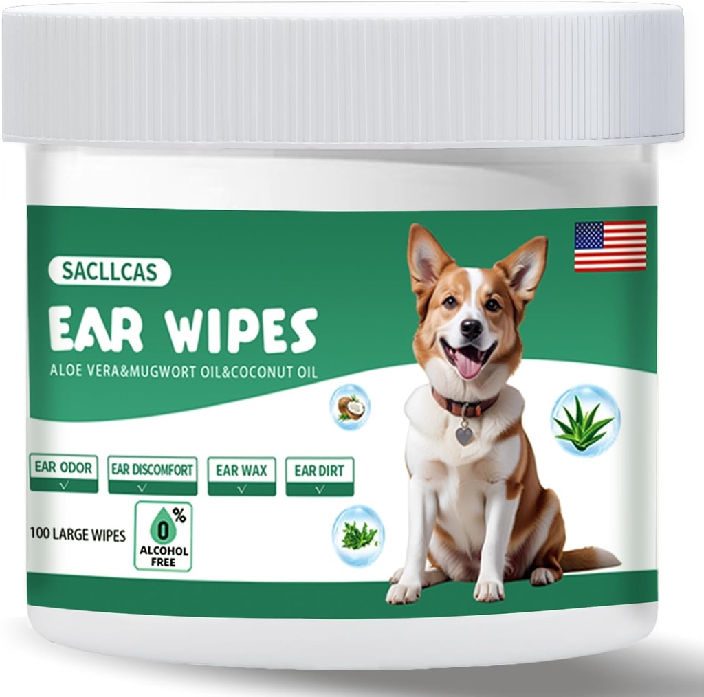 Hund Ear Cleaner Wipes 100 Greve, Gentle pH Balanceret for Ear Wax, Odor & Itch Relief, Hypoallergen Alkohol- Gratis med Aloe Vera, Sikker for Hvalpe Ører