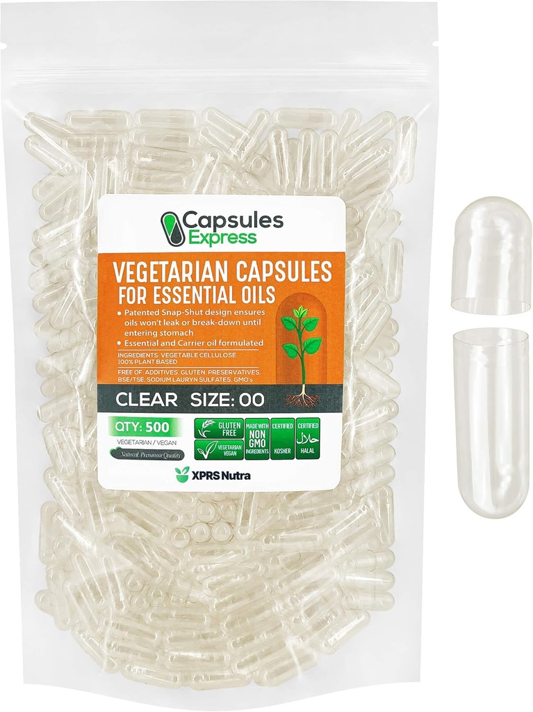 XPRS Nutra Størrelse 00 Tomme Veganske Kapsler - 500 Grev Clear Veggie Kapsler til Væsentlige Olier - Tomme Vegetabilske Caps - Det gør Fyldning værker med de fleste Olie