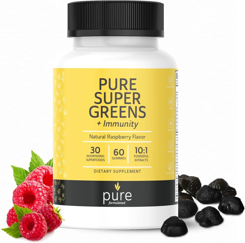 Super Greens Multivitamin Gummies til voksne og børn immunforsvar Gummies - 30 Superfoods Vegan Kosttilskud - Natural Raspberry Flavor (60 Greve)