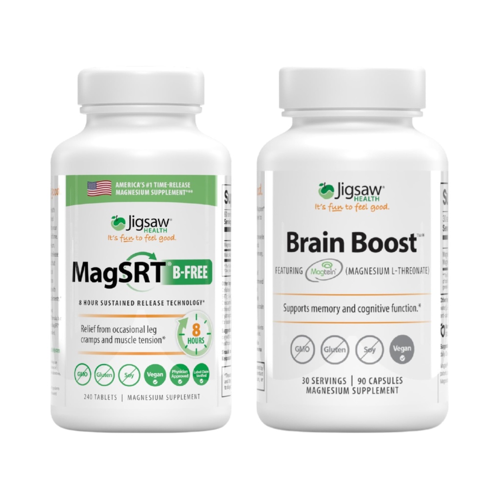 Jigsaw Health Magnesium Bundle; MagSRT (B- Free), 240 tabletter, og Brain Boost, 90 kapsler