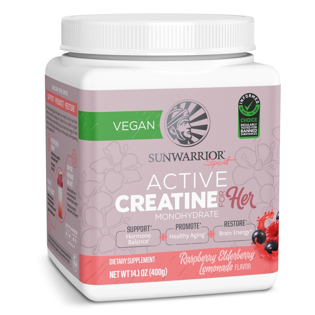 Sunwarrior Creatin for kvinder monohydrat pulver Mikroniseret Pre Workout Inddrivelse Supplement Support Muscle Building Strength Training Cognition Cognition 124; Vegan og nemt blander 50 Servering, Raspberry Lemonade