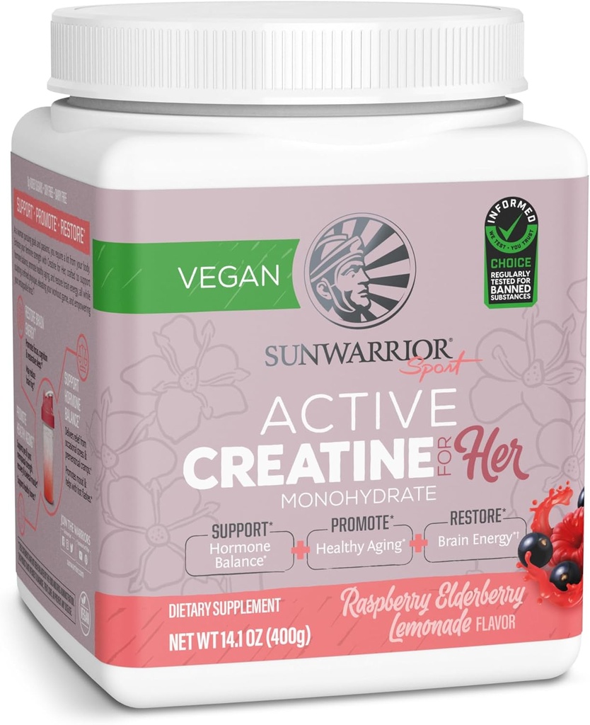Sunwarrior Creatin for kvinder monohydrat pulver Mikroniseret Pre Workout Inddrivelse Supplement Support Muscle Building Strength Training Cognition Cognition 124; Vegan og nemt blander 50 Servering, Raspberry Lemonade