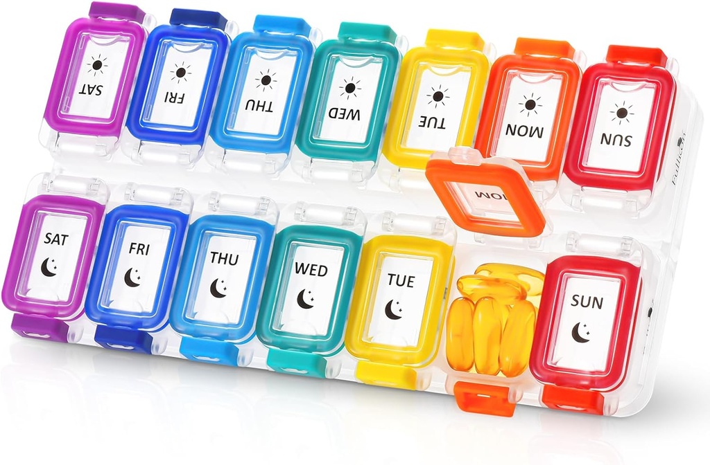 Fullicon Fugt Bevis Pill Organizer 2 gange om dagen, Stor Pill Box 7 dag, Spille Bevis Pill Case, Travel Pill Container, Medicin Pill Organizer med Secure Lids, Daily Pill Organizer (Rainbow Clear)