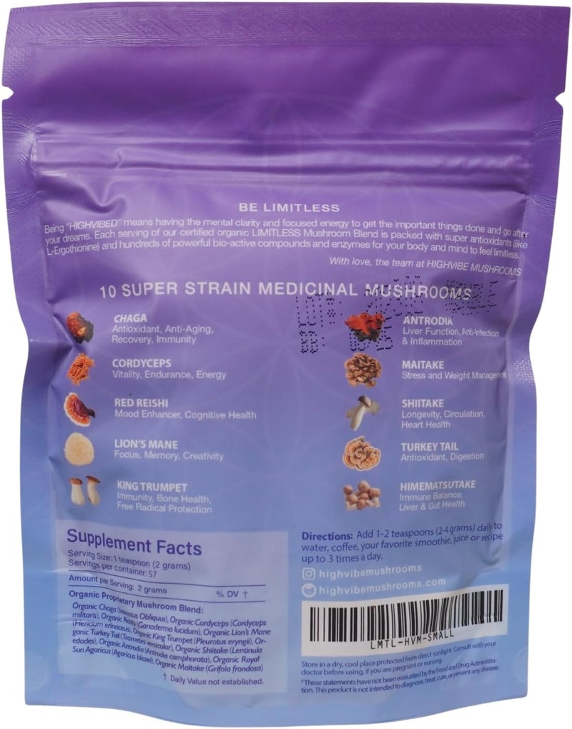 Highvibe svampe Limitless Mushroom Powder, 10- 1- Mushroom Blend, Full Spectrum Mycelium og Fruiting Body, Organic, Vegan, Kosher, GF, Focused Energy