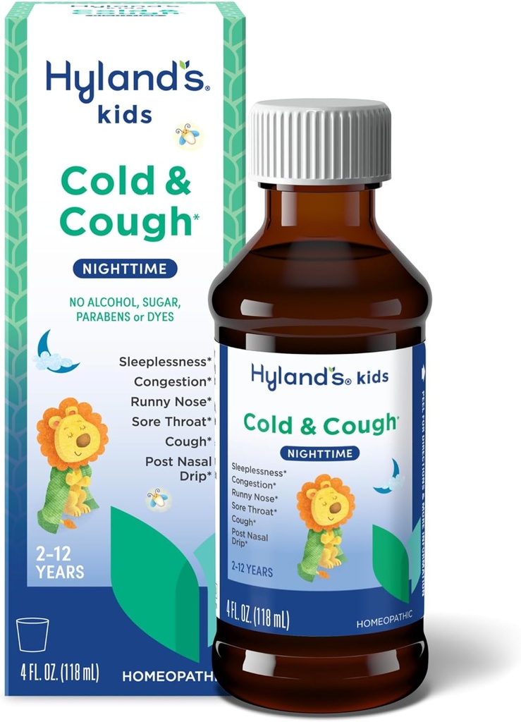 Hyland 's Kids Cold and Hough, Nighttime Hough Syrup Medicin til børn i alderen 2 og op, Decongestant, Sore Halsen lindring og søvnløshed, lindring af almindelige kolde symptomer, 4 Fl Oz