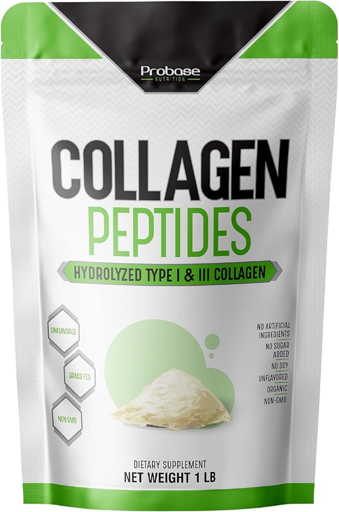 Probase Nutrition Collagen Peptider Powder (type I, III) for hud hårnegl Joint, Hydrolyzed for Better Collagen Absorption, Non- GMO Verified, Keto Friendly and Gluten Free, White, 16 Oz