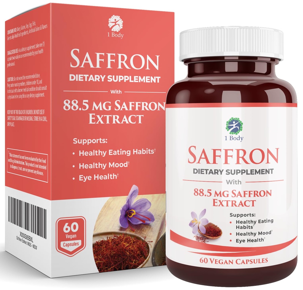 1 Body Saffron Extract Supplement, 88, 5 mg Safranal, Antioxidant og Mood Support, Vegetariske Kapsler