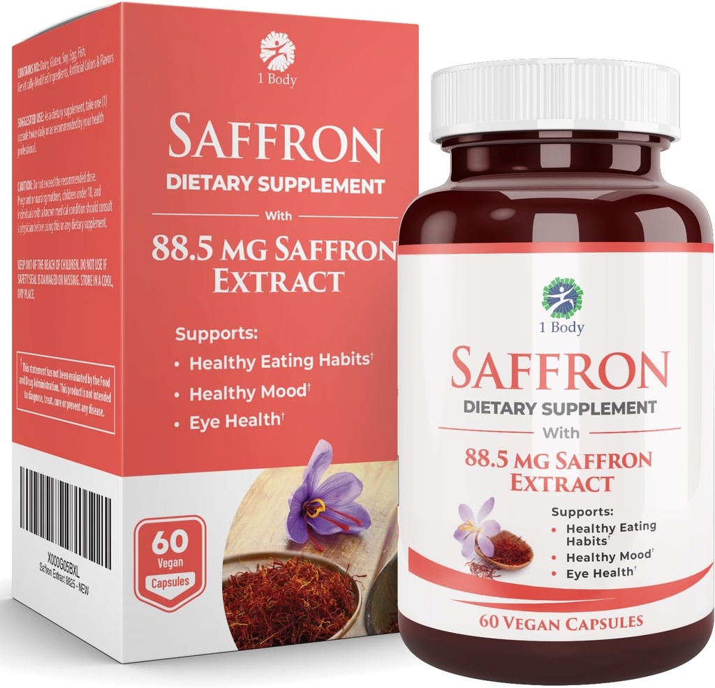 1 Body Saffron Extract Supplement, 88, 5 mg Safranal, Antioxidant og Mood Support, Vegetariske Kapsler