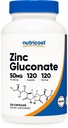 Nutricost Zink Gluconat 120 Vegetariske Kapsler (50mg) - Gluten fri og ikke-GMO