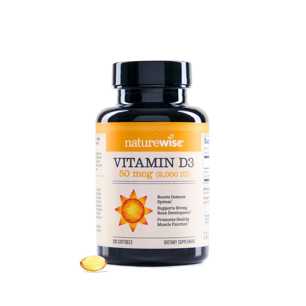 NatureWise Vitamin D3 2000iu (50 mcg) 200- Day Supply for immunforsvar, sund muskelfunktion, og Knoglesundhed - non-GMO, Gluten Free in Organic Extra Virgin Olivenolie, (Mini Softgel), 200 Greve