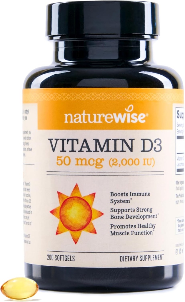 NatureWise Vitamin D3 2000iu (50 mcg) 200- Day Supply for immunforsvar, sund muskelfunktion, og Knoglesundhed - non-GMO, Gluten Free in Organic Extra Virgin Olivenolie, (Mini Softgel), 200 Greve