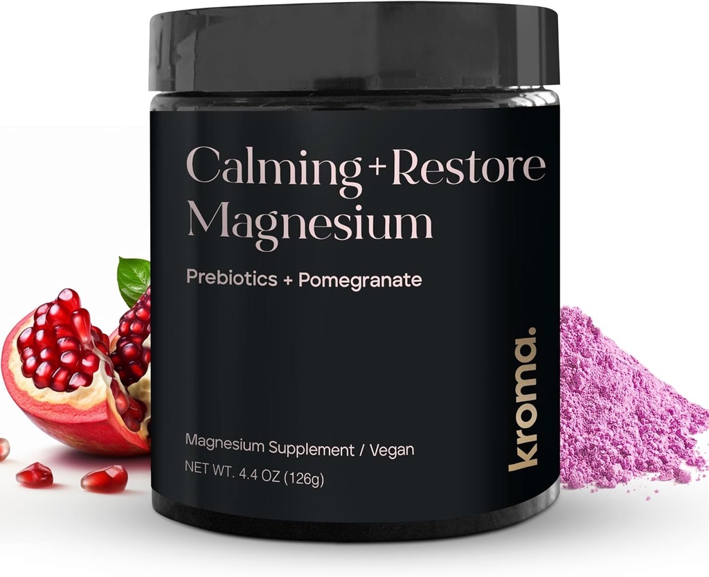 Kroma Calming + Gendan Magnesium Powder - Magnesium Citrate med L- Theanin til afslapning, søvn cyklus & fordøjelsesstøtte - Muscle Recovery Supplement - Pomegranate Flavor - 4.4 oz, 30 Serveringer