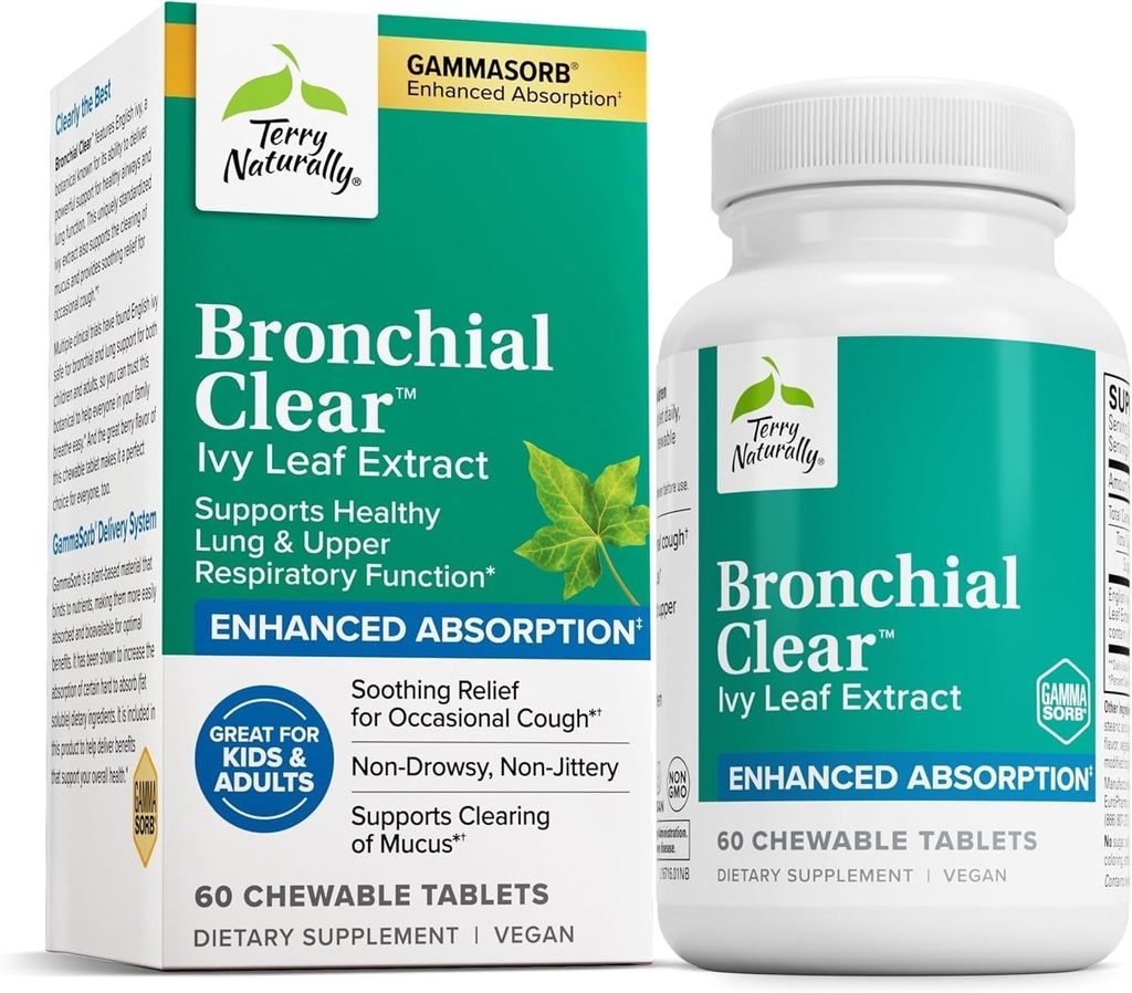 Terry naturligt Bronchial Clear Ivy Leaf Extract Chewable - Lung & Respiratory Health Support - Kosttilskud med engelsk Ivy Leaf Extract - 60 tyggetabletter (60 Servere)