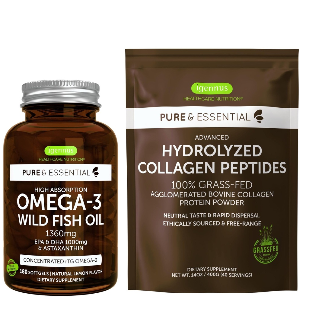 Høj Absorption Omega-3 Wild Fish Oil 1360mg & Advanced Hydrolyzed Collagen Peptider Bundle, 1000mg EPA & DHA med Astaxanthin & 100% Græs Fed Bovine Collagen Protein Powder, af Igennus