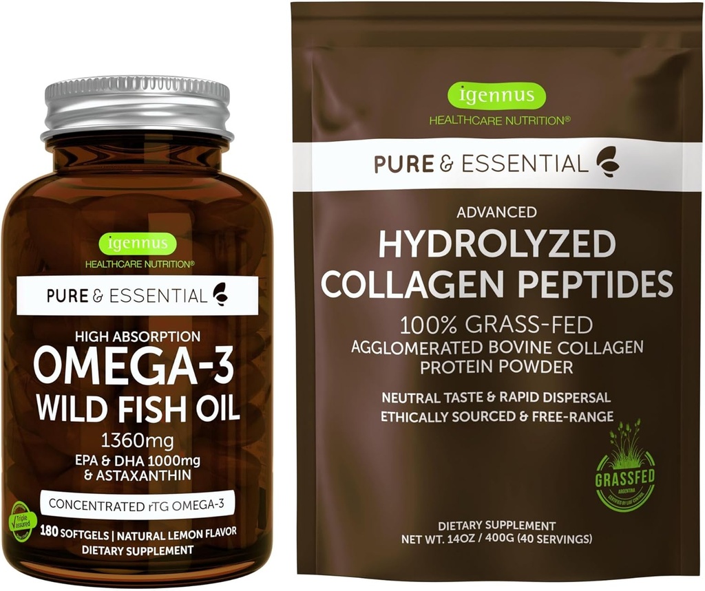 Høj Absorption Omega-3 Wild Fish Oil 1360mg & Advanced Hydrolyzed Collagen Peptider Bundle, 1000mg EPA & DHA med Astaxanthin & 100% Græs Fed Bovine Collagen Protein Powder, af Igennus