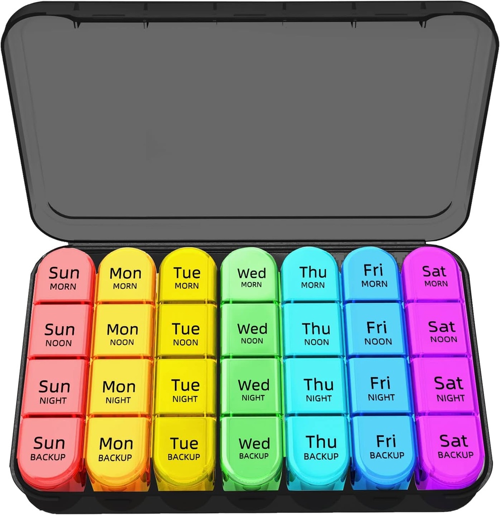 Zoksi 7 Dag Pill Organizer 4 gange om dagen, Ugentlig Pill Box, Rejse Pill Case, Daily Medicine Organizer, Medicin Container med 28 transportable kompartmenter for fiskeolie, vitaminer eller kosttilskud (sort)