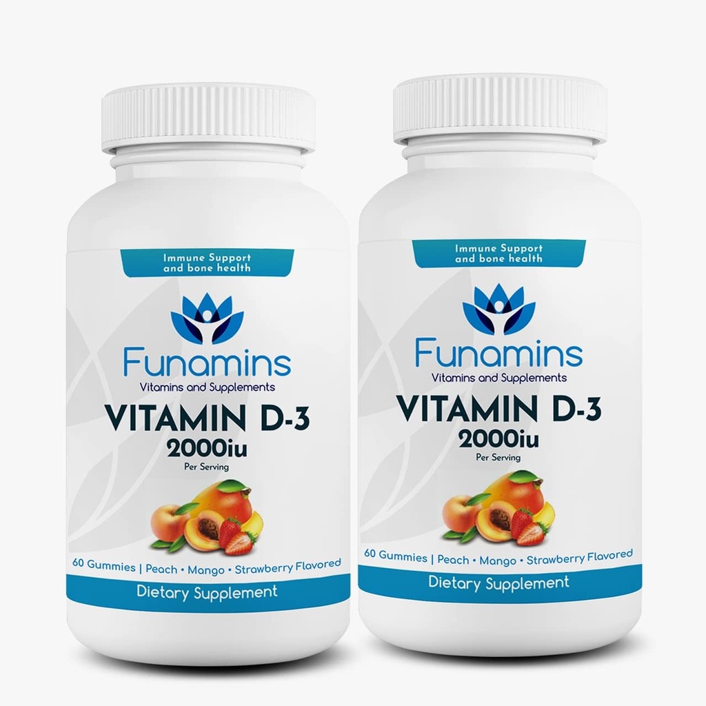 D3- vitamin Gummies, 2- Pack, 60 greve hver, 2000iu per servering, Understøtter immunsystem og knoglerum; for børn & voksne; Peach, Mango, Jordbærsmag