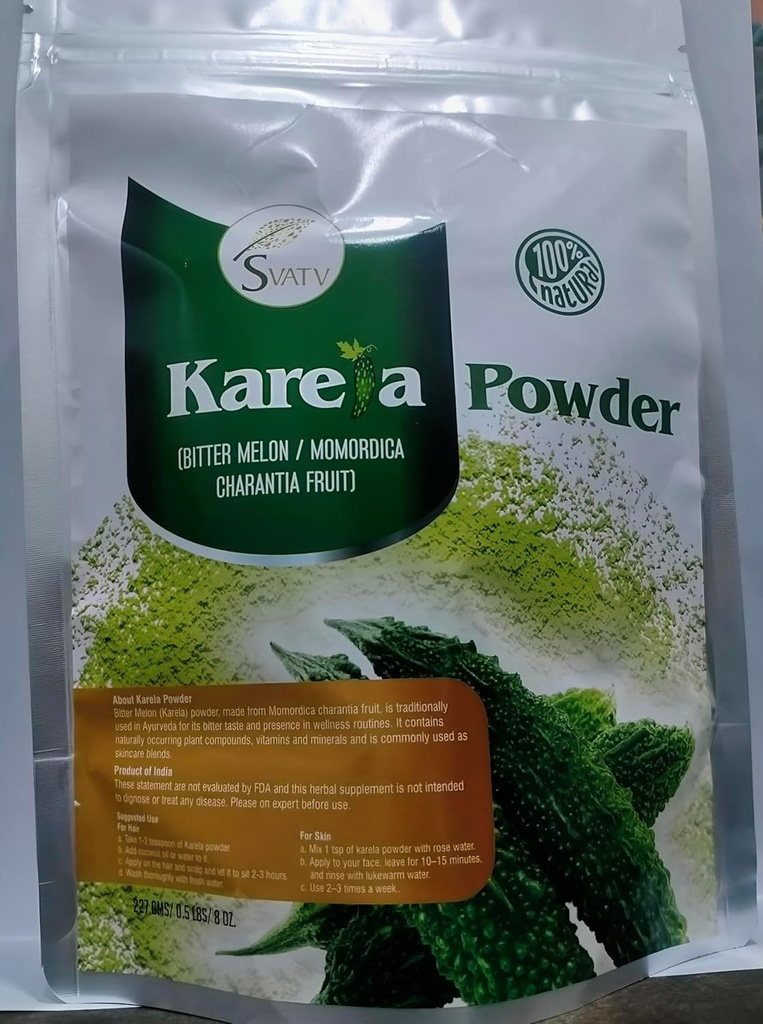 SVATV Karela Powder Mex124; Bitter Melon Mex124; Momordica Charantia Mex124; God til hud Mex124; Non GMO- 227 Gram, Half Pound, 8 Ounce