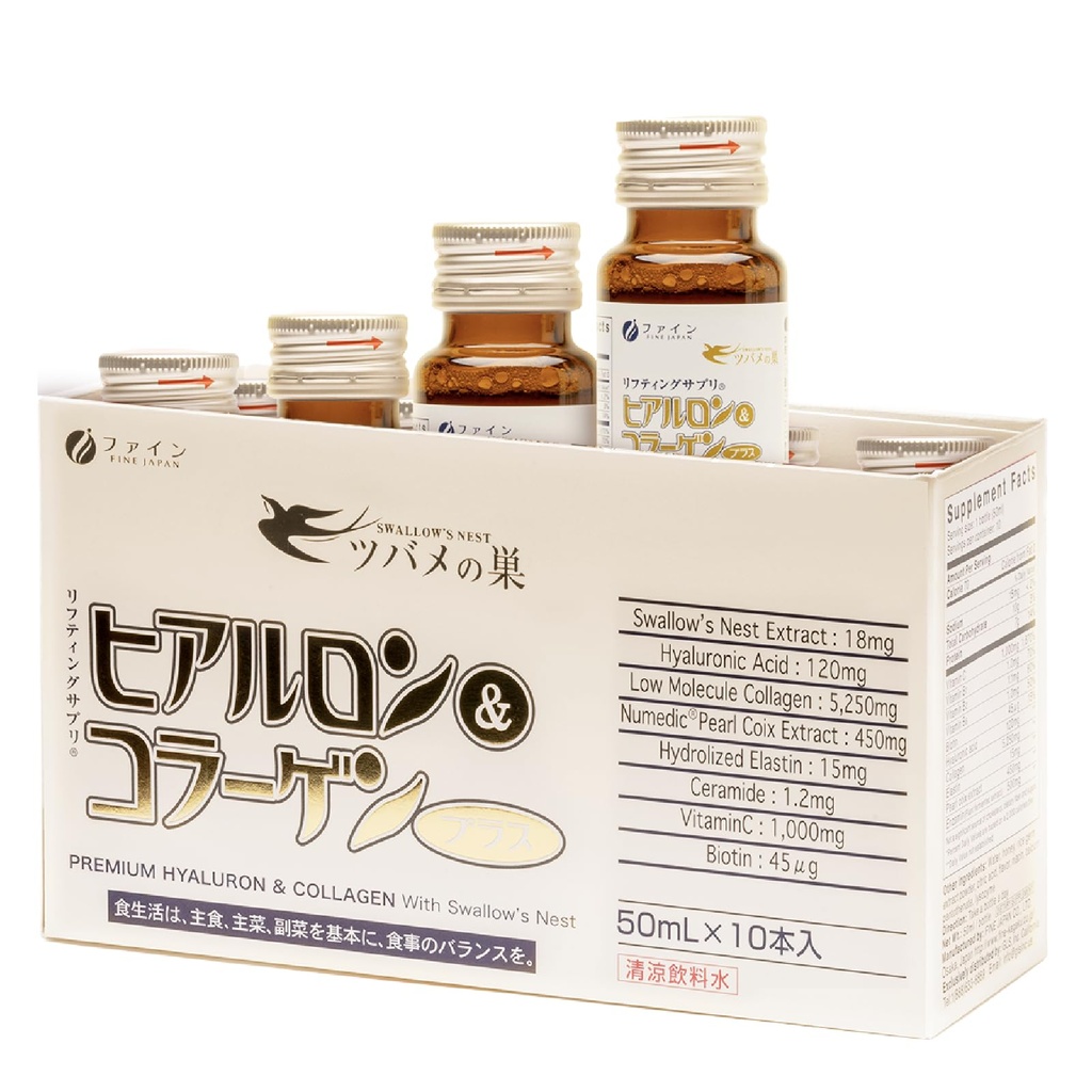 FINE JAPAN Flydende kollagen med Swallow 's Reest & Hyaluronic Acid - Understøtter hudelasticitet, hår & nail sundhed, hydrering og sund aldring - Lavet i Japan, 17 fl oz (10 flasker)
