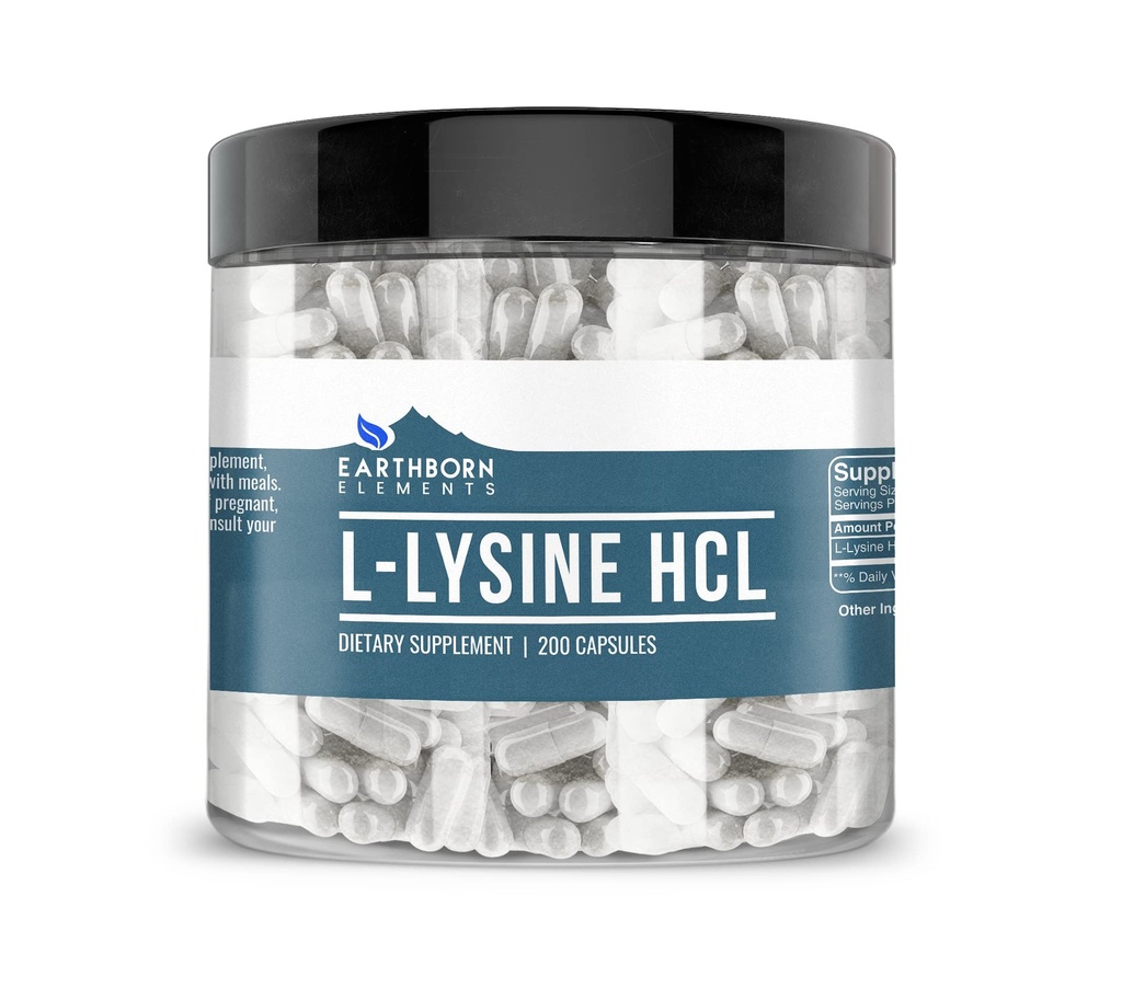 Earthborn Elements L- Lysin HCL 200 Kapsler, Pure & Ufortyndet, Ingen tilsætningsstoffer