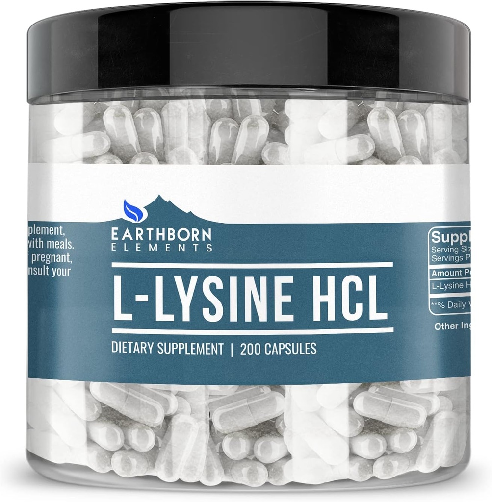 Earthborn Elements L- Lysin HCL 200 Kapsler, Pure & Ufortyndet, Ingen tilsætningsstoffer