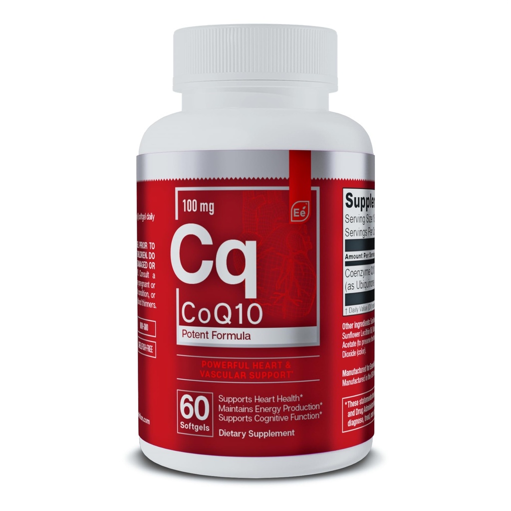 Væsentlige elementer CoQ10 100mg Softgel til hjerte, hjerne og vaskulær support - Omfattende Coenzym Q10 Supplement Formuleret til Optimal Absorption - 60 Tæl, 2 måneders forsyning