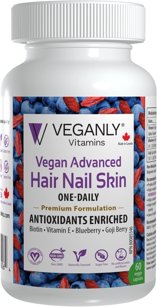 Vegan Advanced Hår Nail Skin On- Daily, 60 Veggie Caps - Antioxidant Beriget. Forbedre hår, forbedre hud sundhed og nail sundhed - Plant baseret med biotin & naturlige superfood