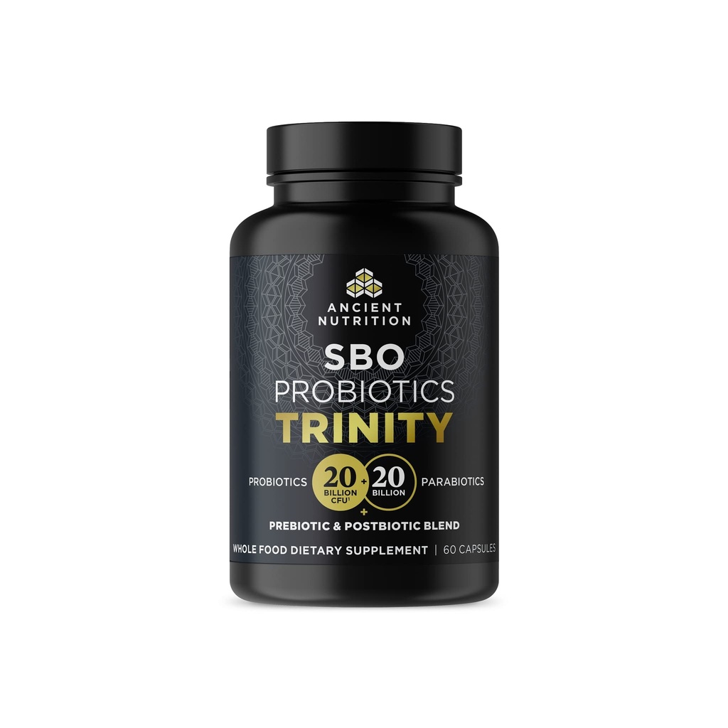 Ancient Nutrition SBO Probiotiske Trinity Daglig pleje, Probiotika til fordøjelsessygdomme, 40 Millioner Blend af Prebiotika, Probiotika, Postbiotika, og Parabiotika Reducerer Occasional Bloating, 60 Greve