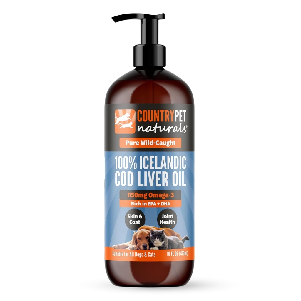 Wild fanget Pure Cod Lever Oil 16oz Højeste Omega 3 1150mg / tsp, Højeste Renhed, High EPA / DHA, Vitamin A & D - Reducerer klør, sund hud & Coat, Mobilitet, BPA- Free, Pump inkl.