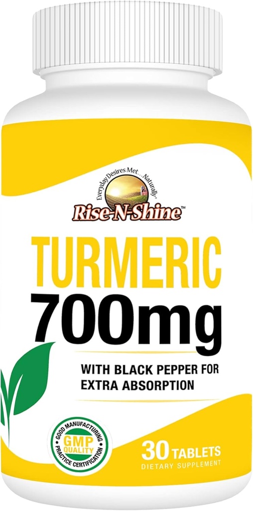 Rise- N- Shine 700 mg gurkemeje med sort peber - Urtetilskud til hud og fælles støtte - 30-dages levering