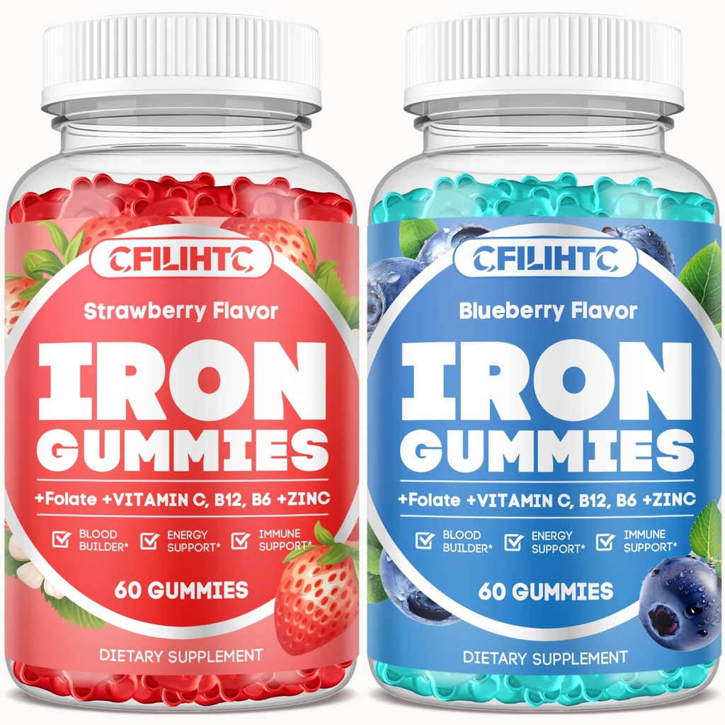 2 Pack Iron Gummies for voksne & Kids Iron Supplement Jordbær Blåbær Flavor