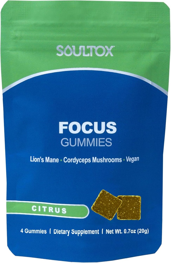 Soultox Focus Lions Mane Gummies - Citrus Flavor - Vegansk formering med Organic Lions Mane og Cordyceps - Forbedre hukommelse, fokus og energi - Citrus Flavor - Single Pack