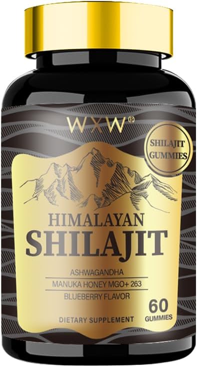 WXW Himalayan Shilajit Gummies, 60 Greve, Blåbær Flavor, Understøtter efter træning inddrivelse, immunsystem, fordøjelse, sind & hukommelse, sundt hjerte, kognitive evner (1 flaske, guld shilajit)