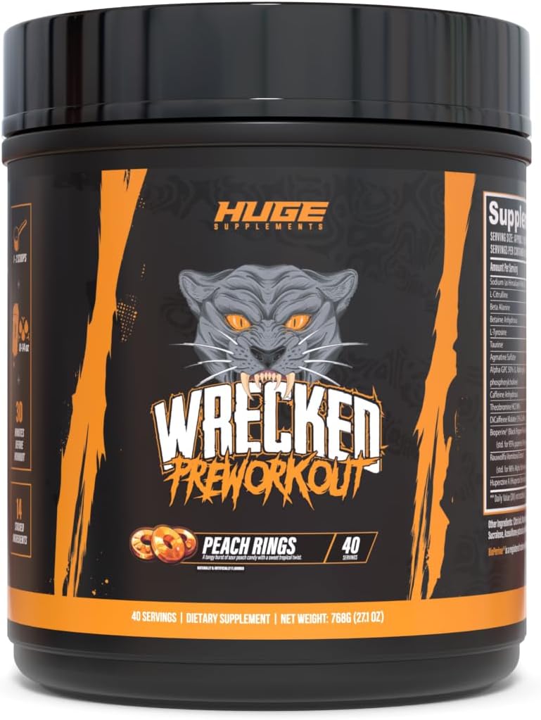 Wrecked Pre Workout Powder, Advanced Formel, øger energi, Focus, Pumps & Performance, 10g L- Citrullin, 6.4g Beta Alanine, 5g Tyrosine, 1g Alpha GPC, 375mg Fast-Fungerende Koffein & mere (40 Servere)