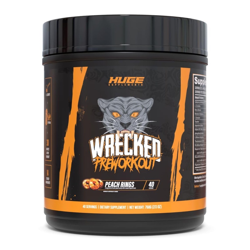 Wrecked Pre Workout Powder, Advanced Formel, øger energi, Focus, Pumps & Performance, 10g L- Citrullin, 6.4g Beta Alanine, 5g Tyrosine, 1g Alpha GPC, 375mg Fast-Fungerende Koffein & mere (40 Servere)