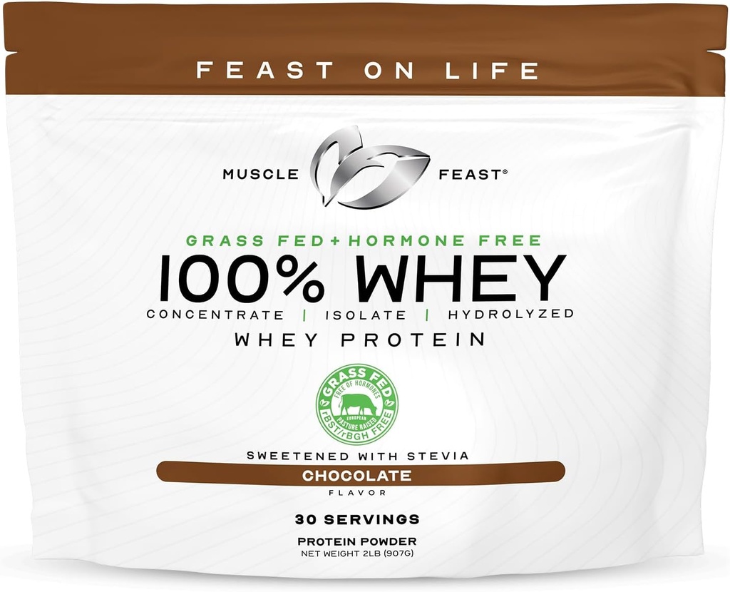 Muskel Feast 100% Grass Fed Whey Protein Powder, All Natural Hormone Free Paure Raised Whey Protein Powder for Women & Men- Whey Concentrate, Isolate & Hydrolysed Protein Powder Blend - Chocolate, 2lb