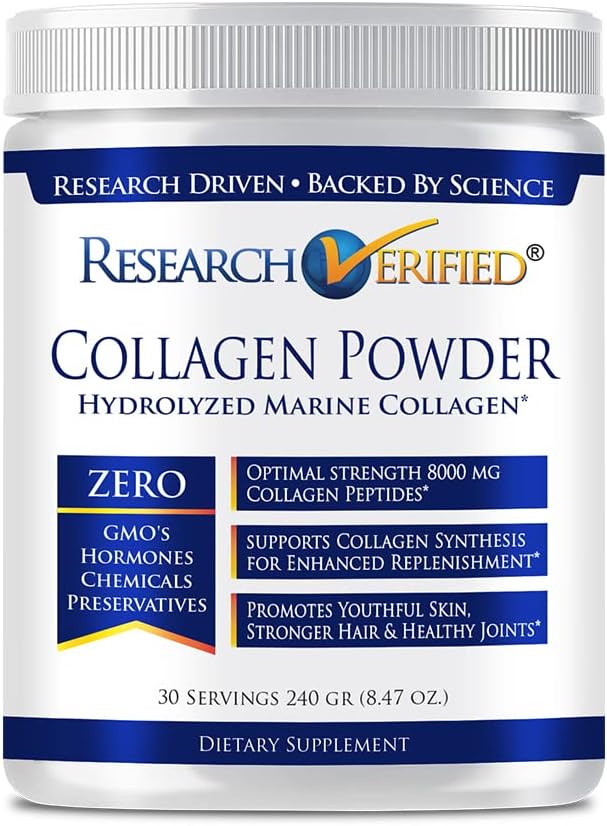 Forskning Verified ® Collagen Powder - Hydrolyzed Marine Collagen - Unflavored - Skin Hydration og Elasticitet, Muskel Inddrivelse, Ikke GMO - 30 Scops Per Container - 1 måned Supply