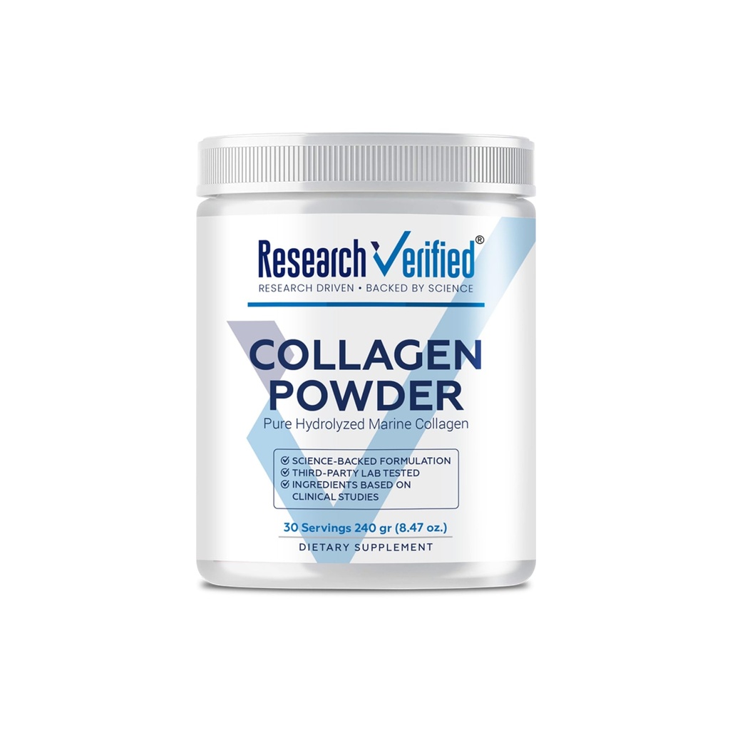 Forskning Verified ® Collagen Powder - Hydrolyzed Marine Collagen - Unflavored - Skin Hydration og Elasticitet, Muskel Inddrivelse, Ikke GMO - 30 Scops Per Container - 1 måned Supply