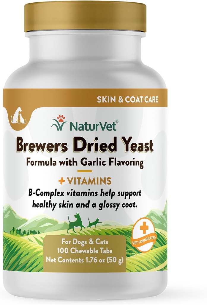 NaturVet Brewers Tørret Gær Formel med hvidløg Aromering Plus vitaminer til hunde og katte, Chewable Tablets, Lavet i USA med Globalt Kildeingredienser 100 Greve
