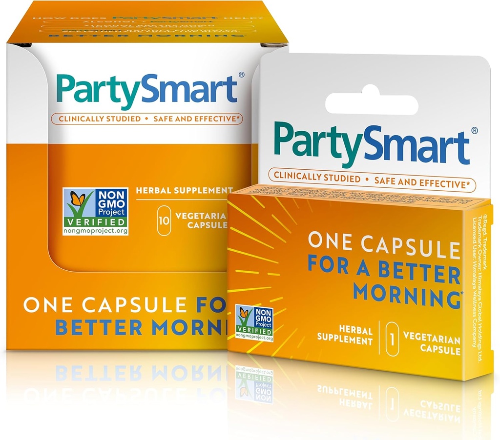 Himalaya PartySmart, 10 individuelle kapsler - Alkohol opdeling leverstøtte til en bedre morgen efter at have drukket - Plant baseret, Vegan, Non- GMO, Gluten Free, Klinisk Studerede