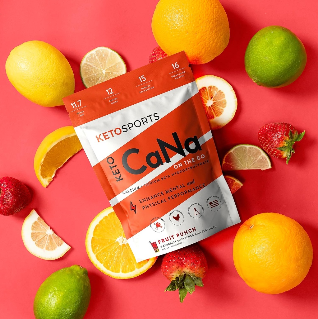 KetoSports Ny KetoCáNA GO (Fruit Punch) Single Serve Dietary Ketone supplement til fysisk og mental ydeevne, Keto og Paleo-Friendly, naturligt sødet og aromatiseret 16 Stick Packs