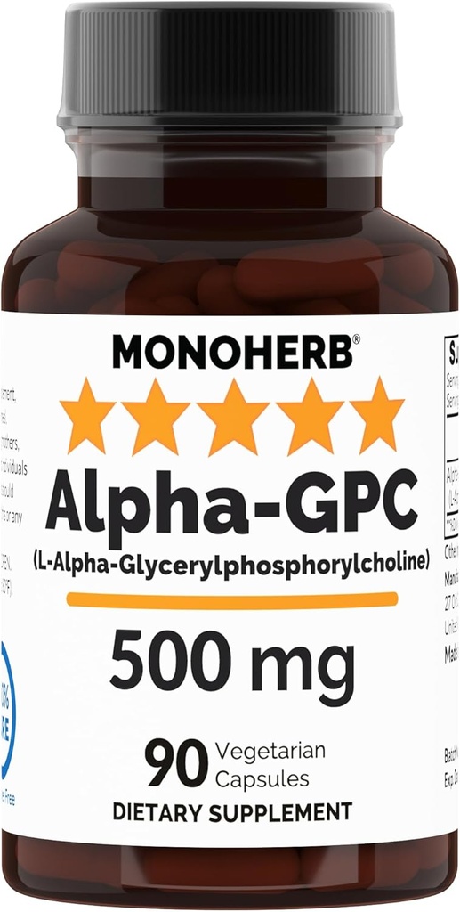 MONOHERB Alpha- GPC 500 mg - 90 Vegankapsler, Nootrop for Brain Support, Focus, Memory, Motivation, and Energy