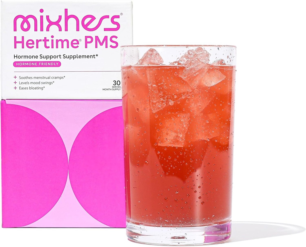 MIXHERS Hertime PMS - Hormonal støtte til kvinder - PMS & Menstrual Comfort - med Chasteberry, Peony Rødder, Sibirisk Ginseng - tillæg til kvinder - 15 drikke pakker - Sukker fri - Pomegranat Mango